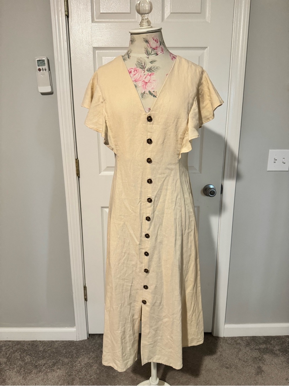 Calvin Klein Linen Cream Button-Front Midi Dress
